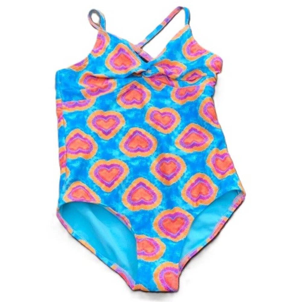 LANDS END One Piece Swimsuit Sweet Rainbow Hearts  Girls Size 8 (Medium) NEW